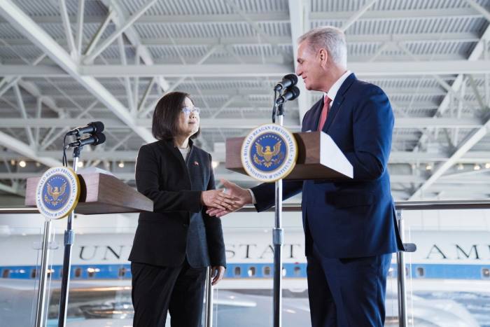Tsai Ing-wen, Taiwan’s president, left, shakes hands with US House Speaker Kevin McCarthy, a Republican from California, during an event at the Ronald Reagan Presidential Library in Simi Valley, California