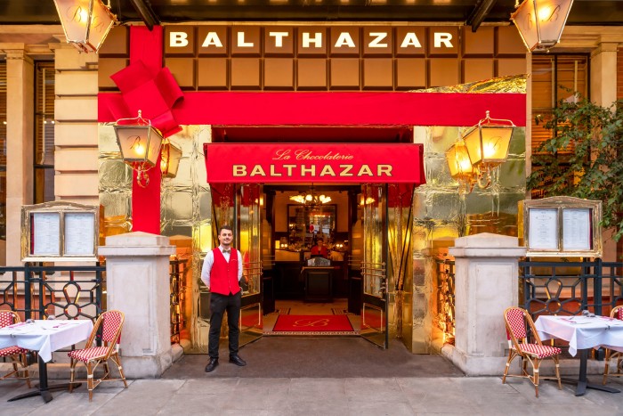 The gold foil-wrapped chocolate bar façade at Balthazar