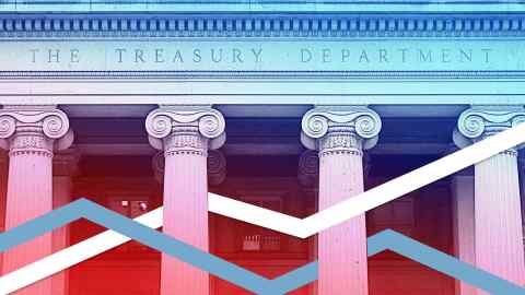 A montage of a close-up of the US Treasury building and a line graph