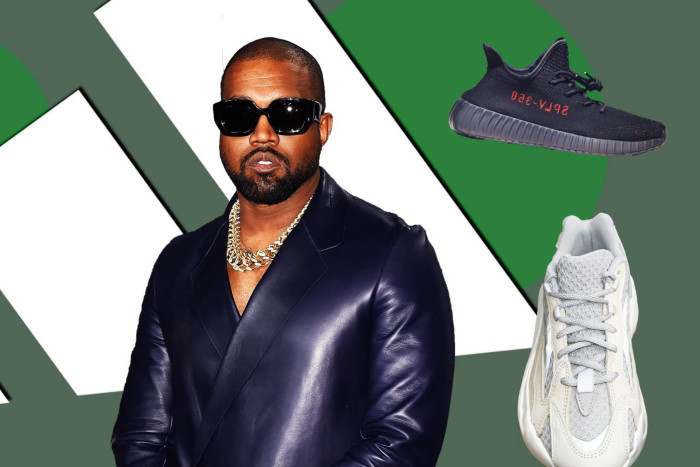 Kanye West and trainers from his Yeezy range