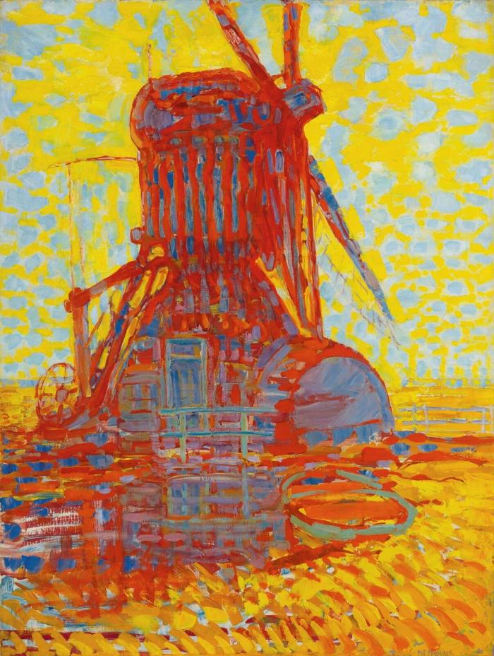 A painting of a red windmill against a yellow sky