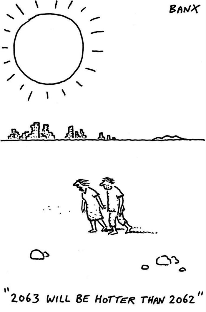 Cartoon of two people walking in the desert