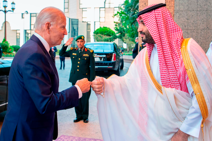Saudi Crown Prince Mohammed bin Salman greets president Joe Biden with a fist bump after his arrival in Jeddah, Saudi Arabia, on Friday July 15 2022