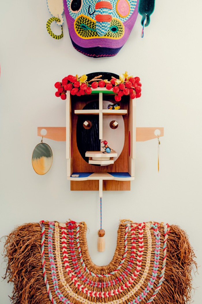 “Head” shelf by Rio Kobayashi, with Missoni earrings and a vintage mino Japanese straw jacket from Tokyo