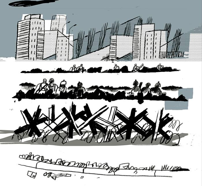 An illustration of a city with buildings along a highway.  In the foreground are soldiers in trenches 