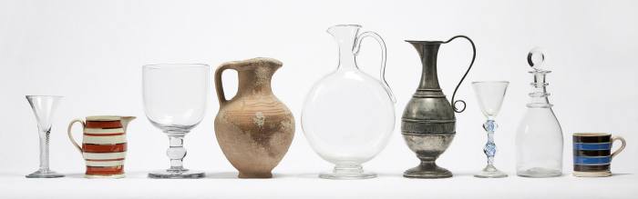 Glassware, pitchers and cups from Nicholson's studio on display at the Pallant House Gallery, Chichester