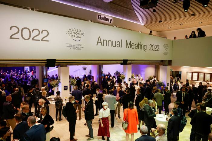 Attendees at the Welcome Reception ahead of the World Economic Forum in Davos, Switzerland