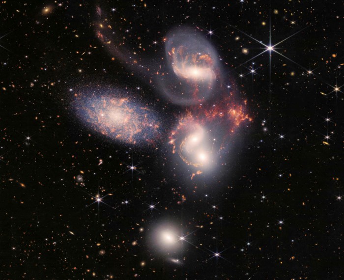 Stephan’s Quintet, captured by the James Webb Space Telescope, is a grouping of five galaxies shown in a new light