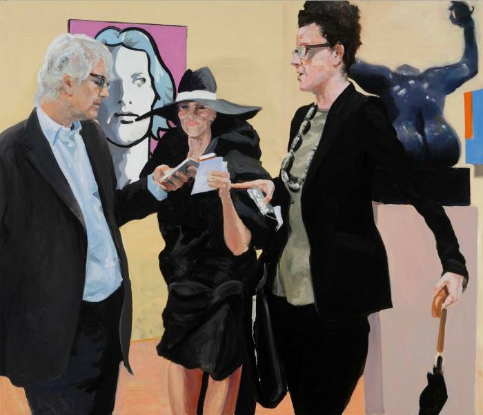 Painting of a man in a suit looking at his phone in an art-fair booth with artworks around