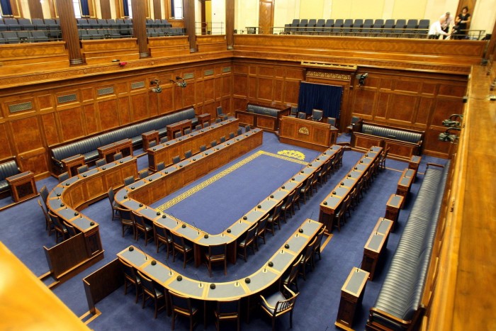 The empty Assembly Chamber in the Stormont Parliament Building