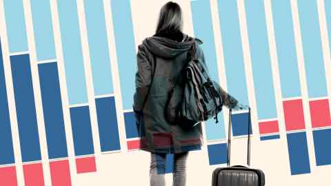 Montage of a bar chart and a woman pulling a suitcase