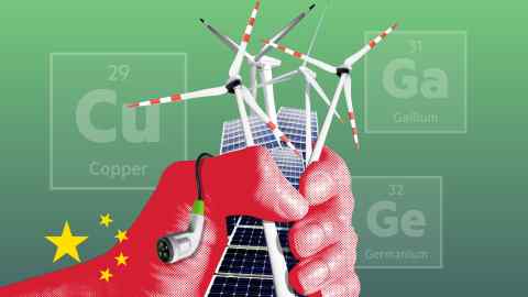 Illustration of a giant red hand with the yellow stars from China’s flag on it, clutching a handful of solar panels and wind turbines against a background with symbols of critical mineral from the periodic table