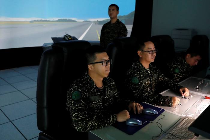 Taiwanese marines during a flight simulator demonstration in Pingtung county in 2019
