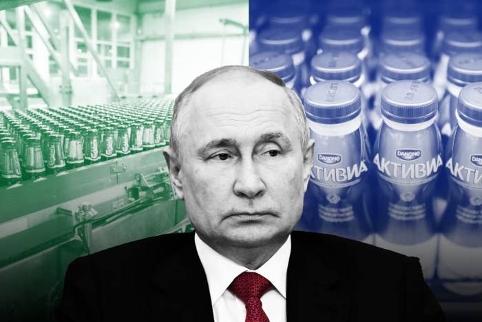 Montaje de Vladimir Putin, botellas de cerveza Carlsberg y yogur Danone