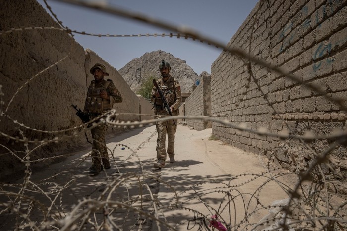 Afghan police special forces soldiers at a frontline position in Kandahar, Afghanistan