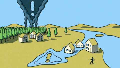 Illustration of houses being flooded, while a forest in the distance gives off plumes of smoke