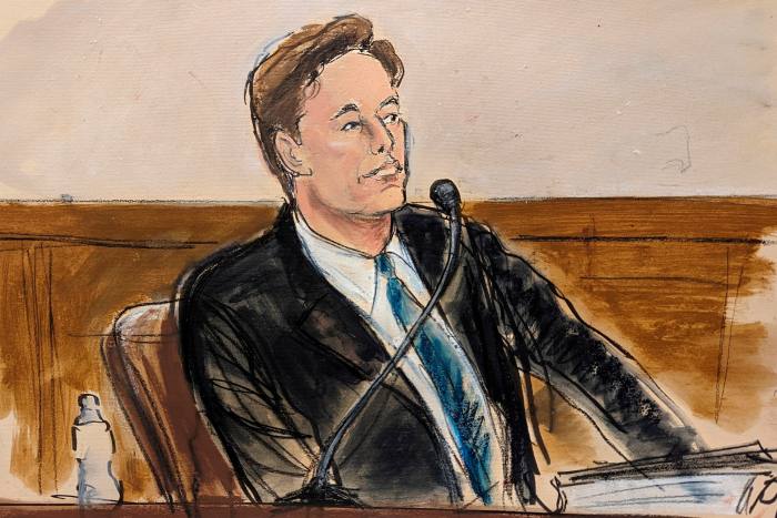 A courtroom sketch of Elon Musk testifying in a Delaware court 