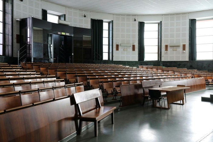A lecture hall at La Sapienza University in Rome lay empty after Italy’s government ordered closures to contain the largest outbreak in Europe