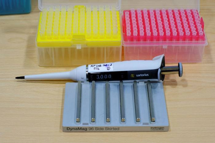 An electronic pipette at the SpiceHealth Genome Sequencing Laboratory set up at an airport in New Delhi, India, where a lab has been set up to test positive samples in the search for new variants.