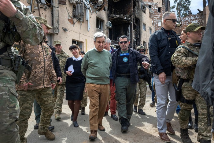 Antonio Guterres in Irbin, Ukraine.  The UN chief said the Russian invasion was helping 'push tens of millions of people to the brink of food insecurity'.