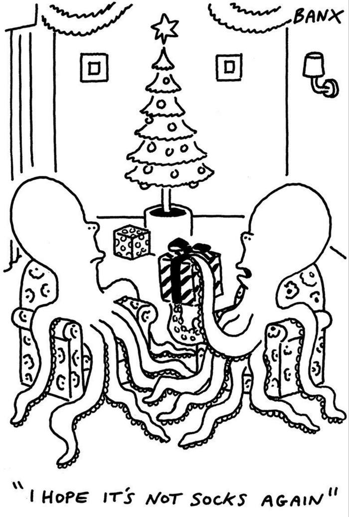 Cartoon of two octopuses each sat in an armchair, one of them holding a Christmas gift box. Behind them is a Christmas tree with another gift under it