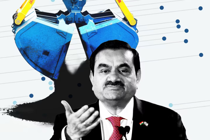 Montage of Gautam Adani in front of a graphic and mechanical coal grab