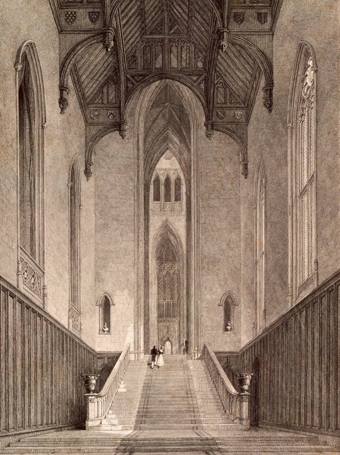 An 1823 illustration of the Fonthill Abbey Hall, the medieval mock abbey of writer William Beckford in Wiltshire