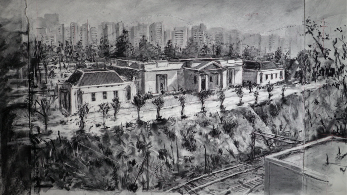 A black and white animated film still shows a large colonial-style house with massed city blocks in the background