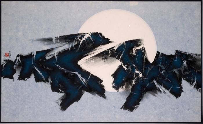 A painting of a large white orb behind black ink strokes that resemble a mountain range