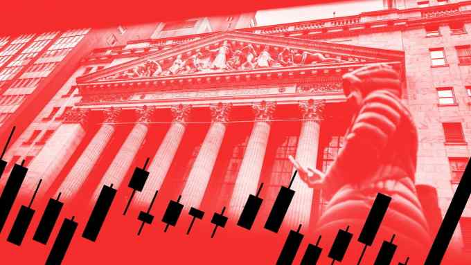 Red monochrome image of New York Stock Exchange with graph symbols superimposed