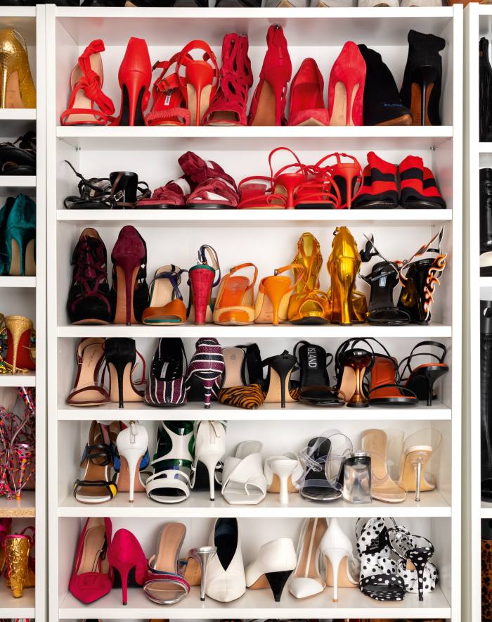 Koleksi kasut Fatemi termasuk sepasang Celine putih vintaj, Sonia Rykiel merah dan hitam serta High Street River Island