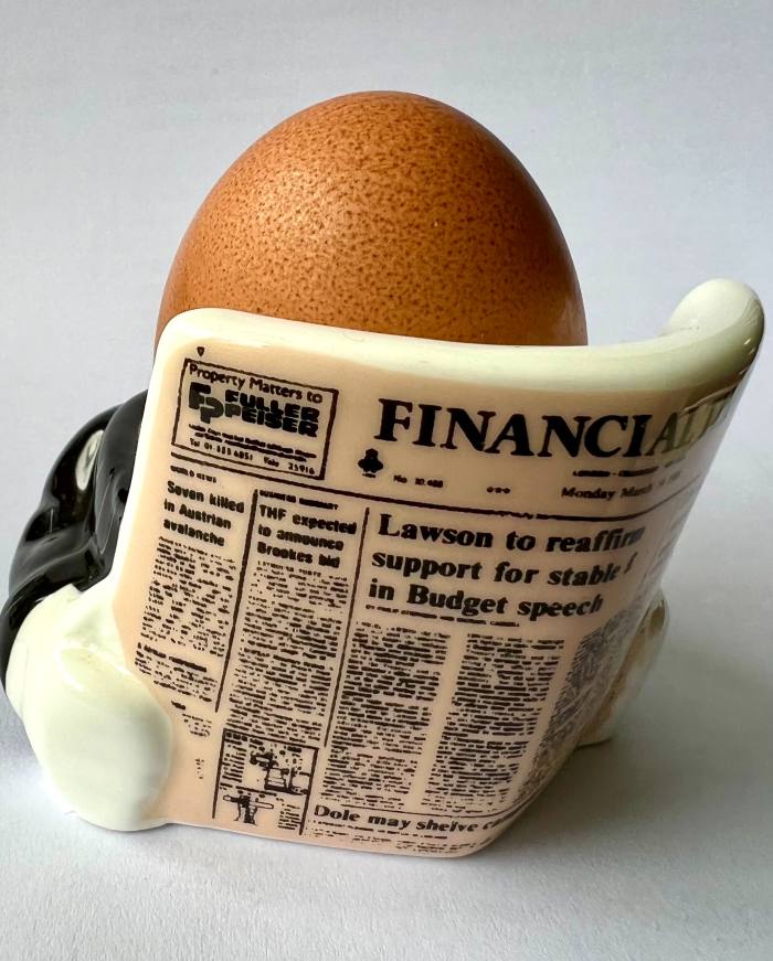 A 1988 vintage FT egg cup, commemorating that year’s Budget