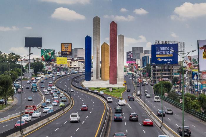 The Torres de Satélite, designed by Luis Barragán and Mathias Goeritz, in Naucalpan on the north-west fringe of Mexico City