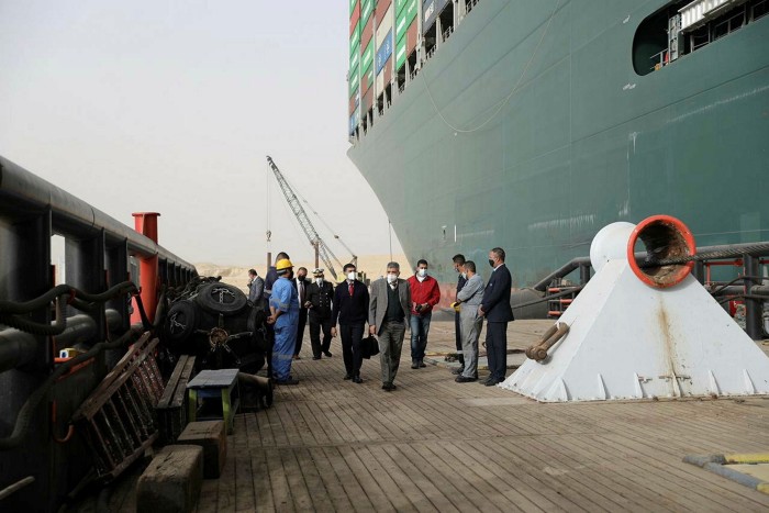 Osama Rabie, chairman of the Suez Canal Authority, inspects the site