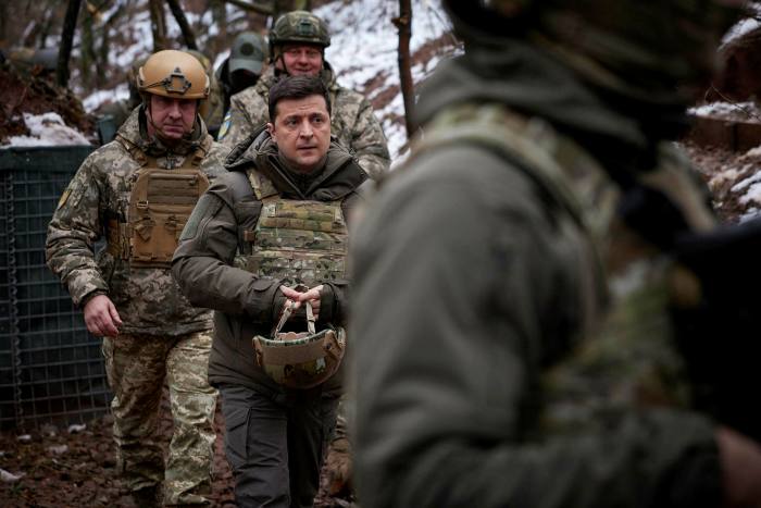 Ukrainian President Volodymyr Zelensky visits combat positions and meets with servicemen on the front lines with Russian-backed separatists in the Donetsk region