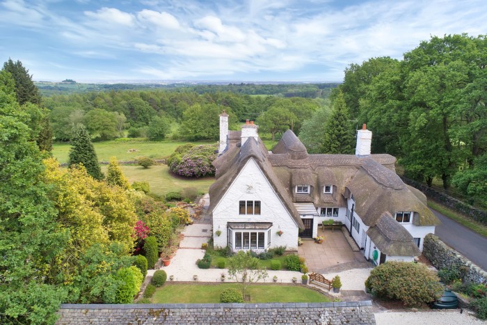 Aerial shot of thatched home with steeply pitched rooflines