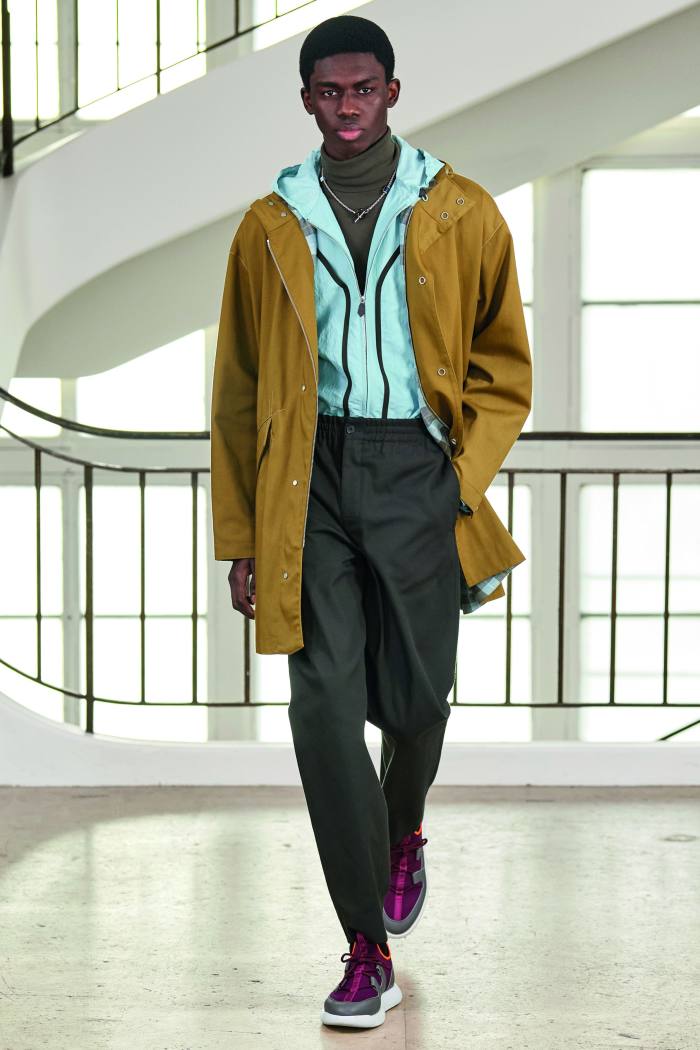 Hermès technical fabric parka, £4,150, technical canvas sweatshirt, £3,350, cashmere and silk turtleneck, £1,320, and technical fabric trousers, £820