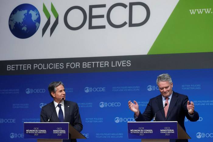 US secretary of state Antony Blinken with Mathias Cormann, secretary-general of the OECD 