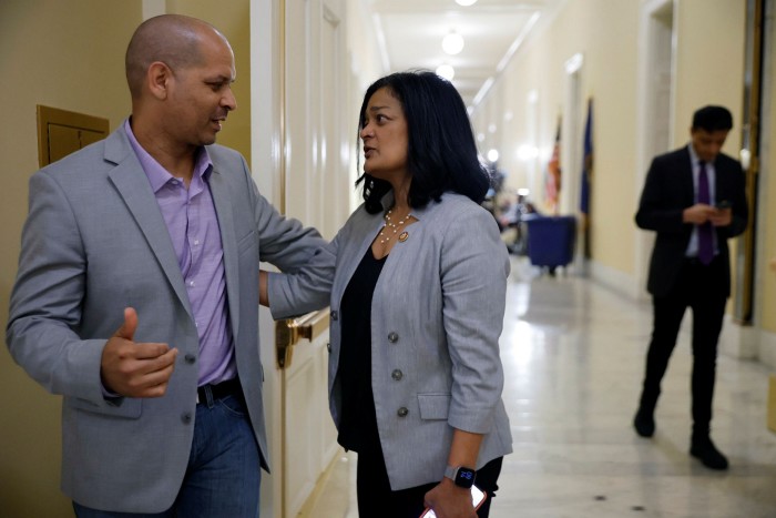 Capitol Police Sgt Aquilino Gonell talks with Pramila Jayapal, a Democrat representative for Washington, Seattle, outside the Congressional committee to investigate the attack on the US Capitol last year  