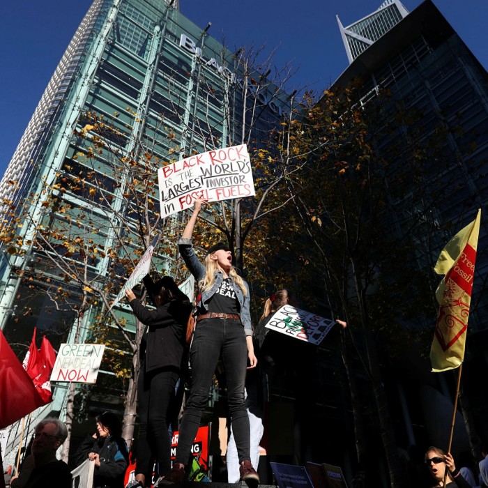 Climate protesters outside the BlackRock offices in San Francisco. After years of criticism over alleged inaction, BlackRock in January revealed plans to put climate change at the centre of its investment process