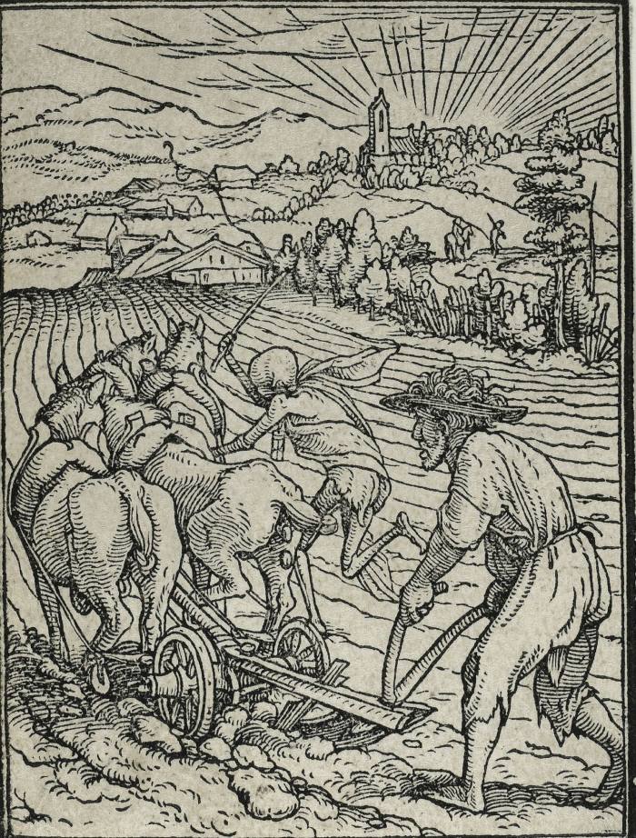 Etching of a Man Pushing a Team of Horses While a Skeleton Whips Them