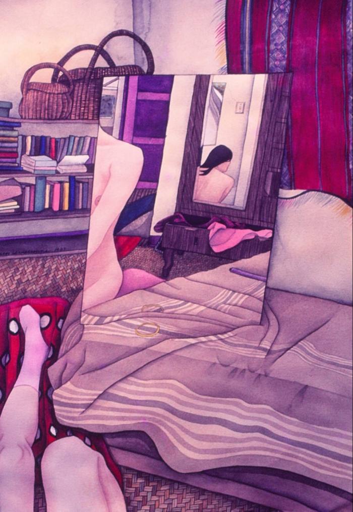 Painting of a mirror on a bed reflecting the partially seen naked body of a woman and another mirror in the room