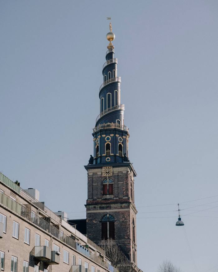 The ornate spire of Vor Frelsers Kirke (Our Saviour’s Church) in Christianshavn