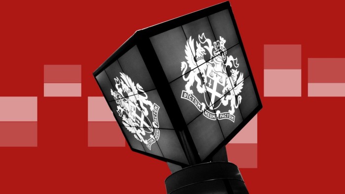 A montage of the London Stock Exchange’s rotating ‘Cube’ and a chart
