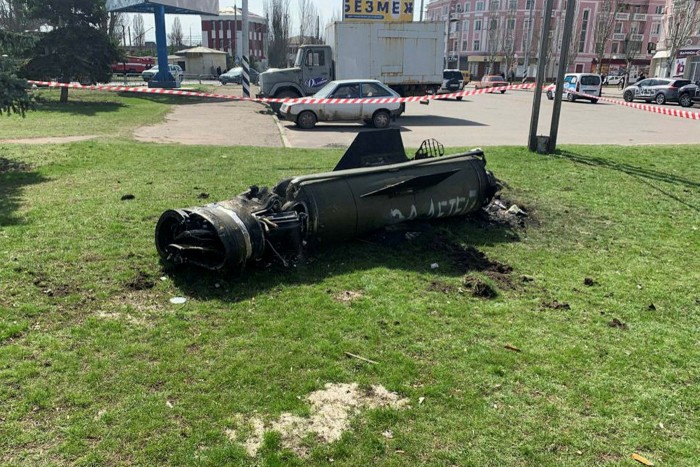 The remains of a Russian missile, following a rocket attack on the railway station in Kramatorsk, Ukraine on April 8 2022