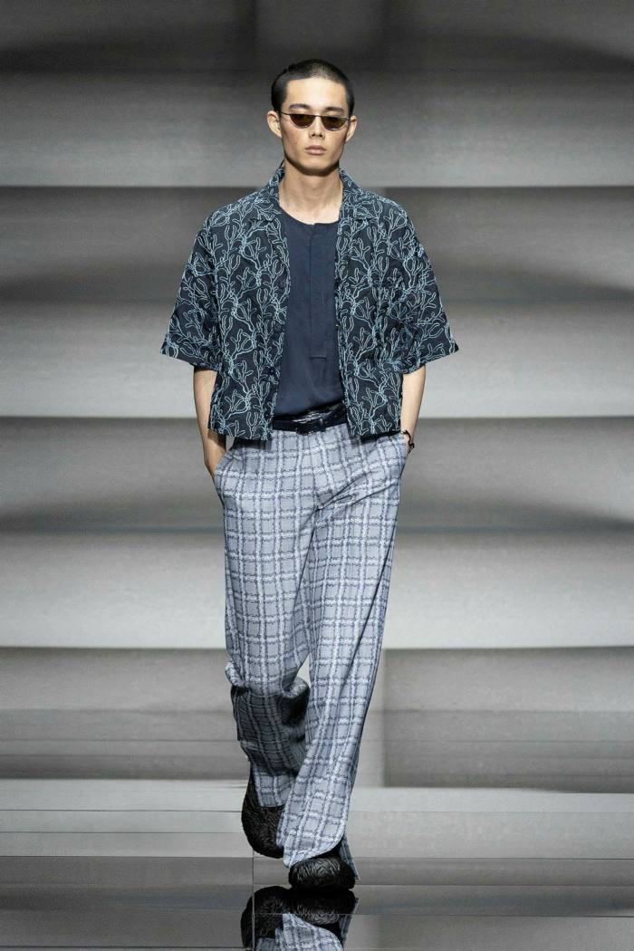 A male model in wide gray trousers and short-sleeve patterned shirt