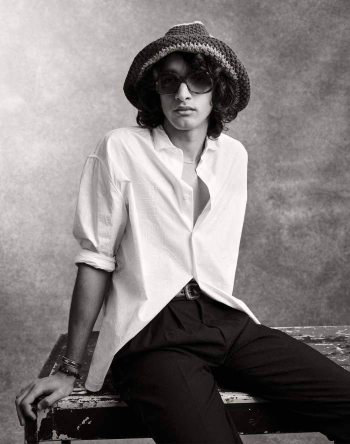 Noah wears Hermès cotton poplin shirt, £ 1,530.  Saint Laurent by Anthony Vaccarello jacquard trousers, £ 925.  Valette eco-responsible cotton crochet hat, £ 275.  Port Tanger acetate sunglasses, £ 240