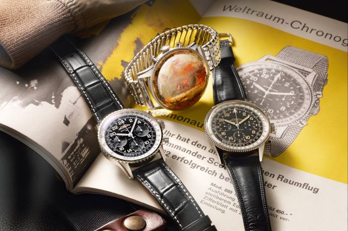 From left: the limited-edition Breitling Navitimer Cosmonaute, £8,400, the model Scott Carpenter wore to space, and a 1962 Navitimer Cosmonaute