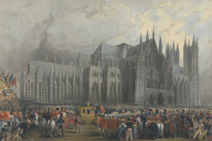 A canvas depicting thousands of people surrounding the royal carriage in the coronation of King William IV 