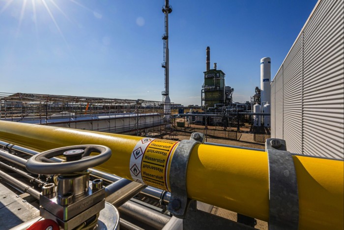 A hydrogen pipeline near the steam reformer furnace at the Linde hydrogen plant in Leuna, Germany, July 2020.
